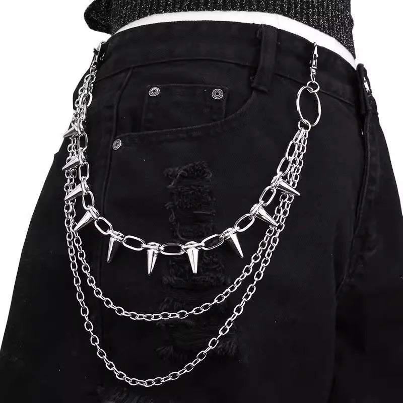 Silver Punk Double-Layer Waist Chain Rivet Decorations Adjustable Length Metal Belt for Women Men Street Style Belts Pants Chain