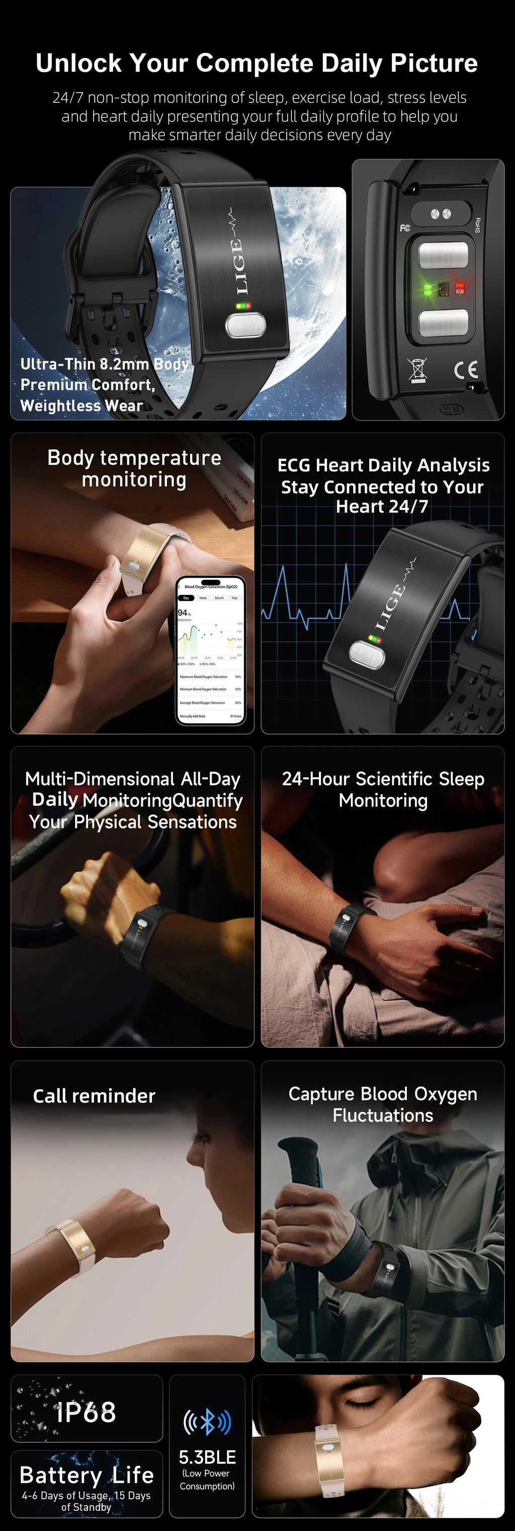 LIGE Fitness Tracker ECG+PPG SpO2 Sport Smart Bracelet Body Fat BMI Heart Rate Blood Pressure Monitor Pedometer Smartwatch Band