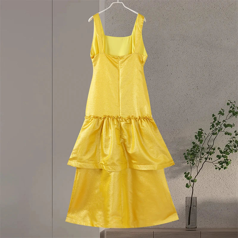 Elegant Ruffles Shiny Dress Women Square Neck A Line Solid Sleeveless Robe Female 2024 Summer Fashion Party Evening Dresses Lady