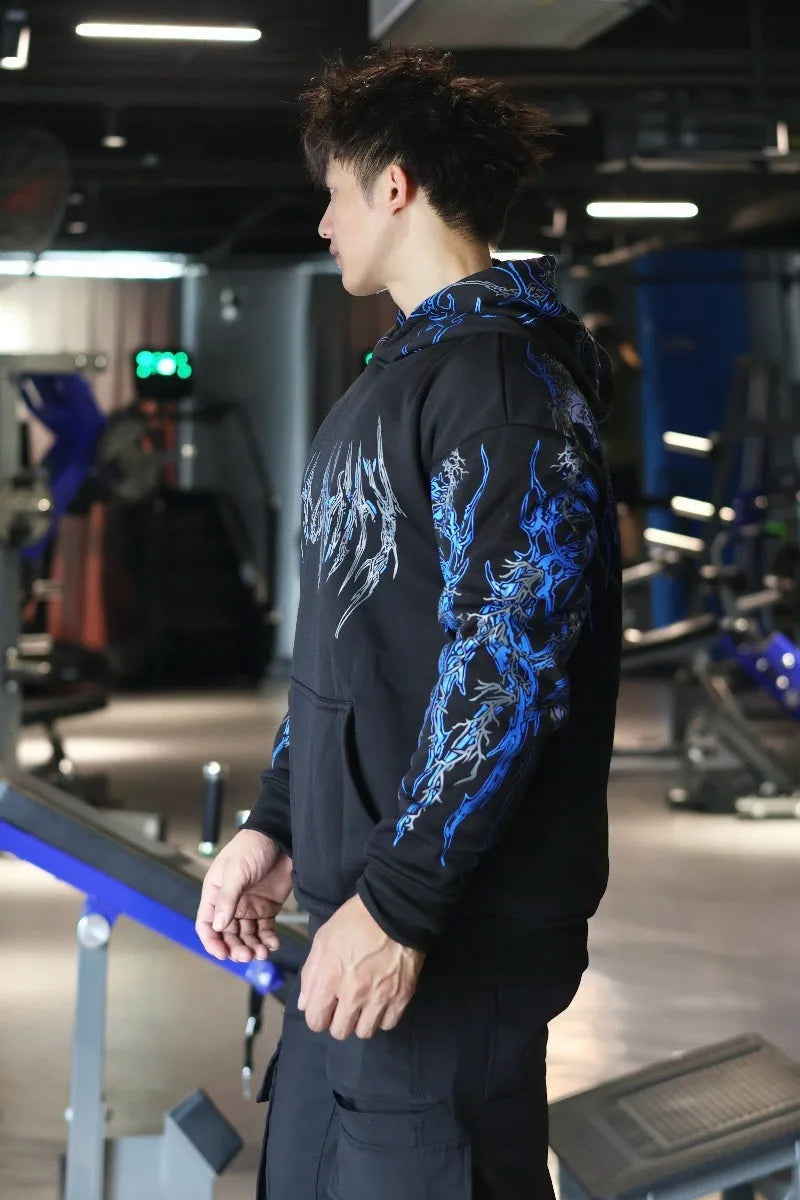 2025 Nuwe Amerikaanse Styl Mans Hooded Sweatshirt Modieuse Handelsmerk Donker Styl Sport Fiksheid Hoë Straat Herfs Winter Mans Sweatshirt