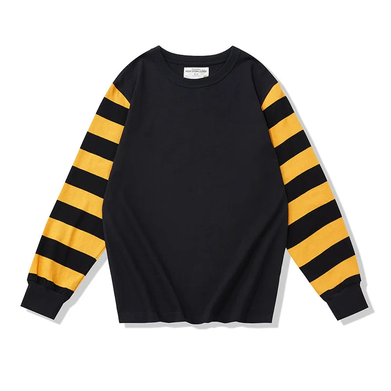 280G Heavyweight Dual Yarn Cotton Spring Fall Fashion Zebra Stripe T-shirt Men's Long Sleeve Casual Loose Tee Premium Basic Tops