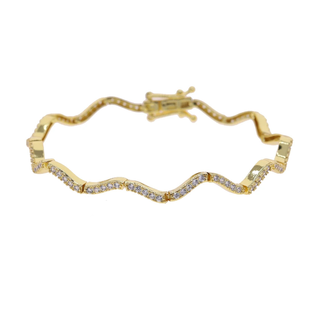 2026 New Arrived Trendy Women Jewelry Set Micro Paved CZ Curved Bar Wave Charm Chain Braelet Choker Necklace
