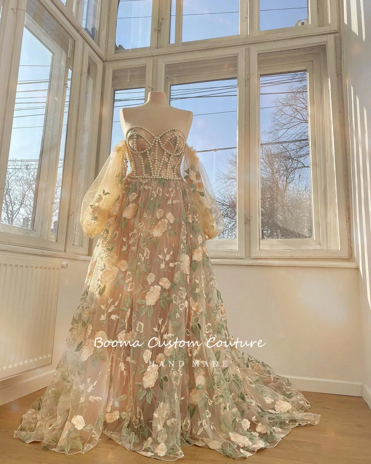Booma Beige Embroidery Lace A-Line Prom Dresses Sweetheart Puff Sleeves Pearls Corset Lace Up Formal Party Gowns Customized