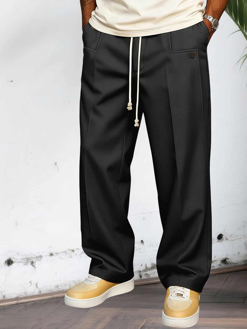 Men s Elastic Waist Jogger Pants with Side Pockets Comfortable Solid Color Casual Mid Rise  Fit Trousers