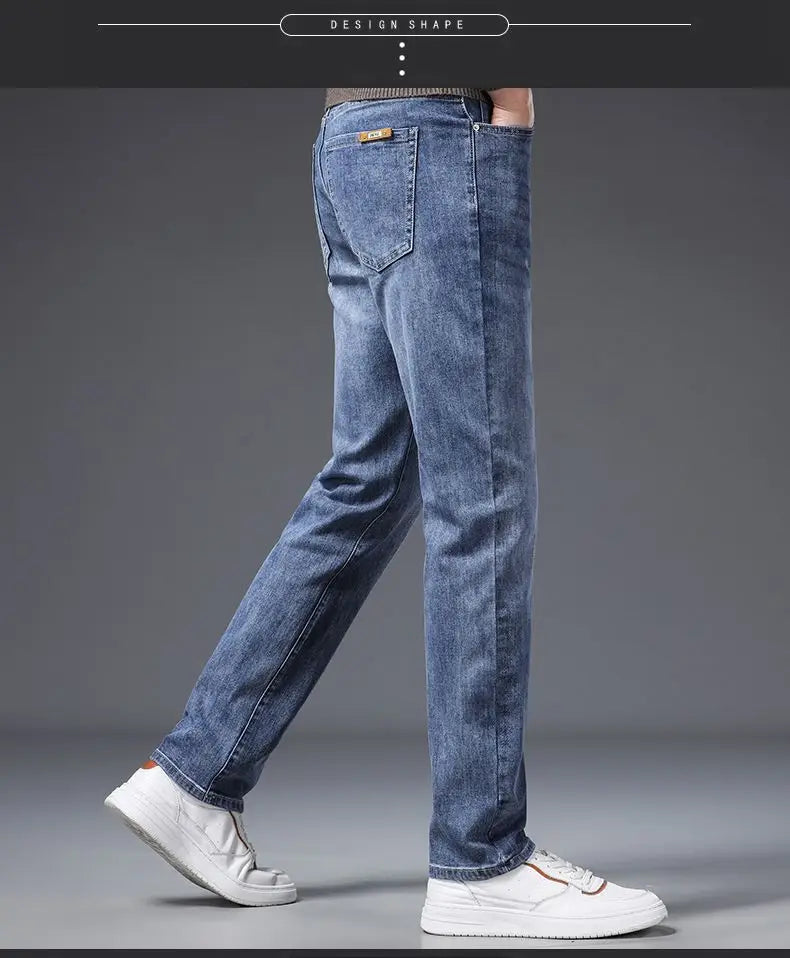 Korean Fashion Men's Soft Stretch Slim Fit Jeans Business Casual Straight Denim Pants Classic Brand Washed Blue Gray Trousers