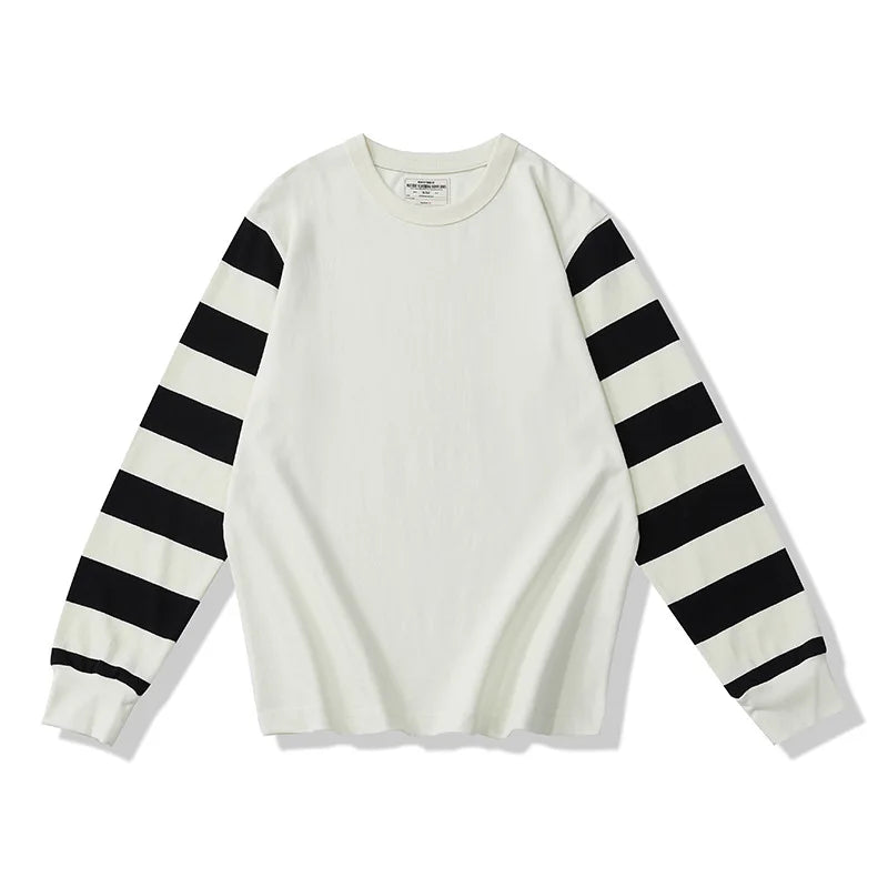 280G Heavyweight Dual Yarn Cotton Spring Fall Fashion Zebra Stripe T-shirt Men's Long Sleeve Casual Loose Tee Premium Basic Tops