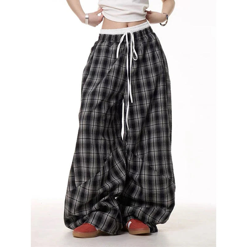 Black Plaid Patchwork Wide Leg Pants Men's Autumn American Vintage Y2K 2000s Style High Waisted Hip Hop Breathable Sweatpants