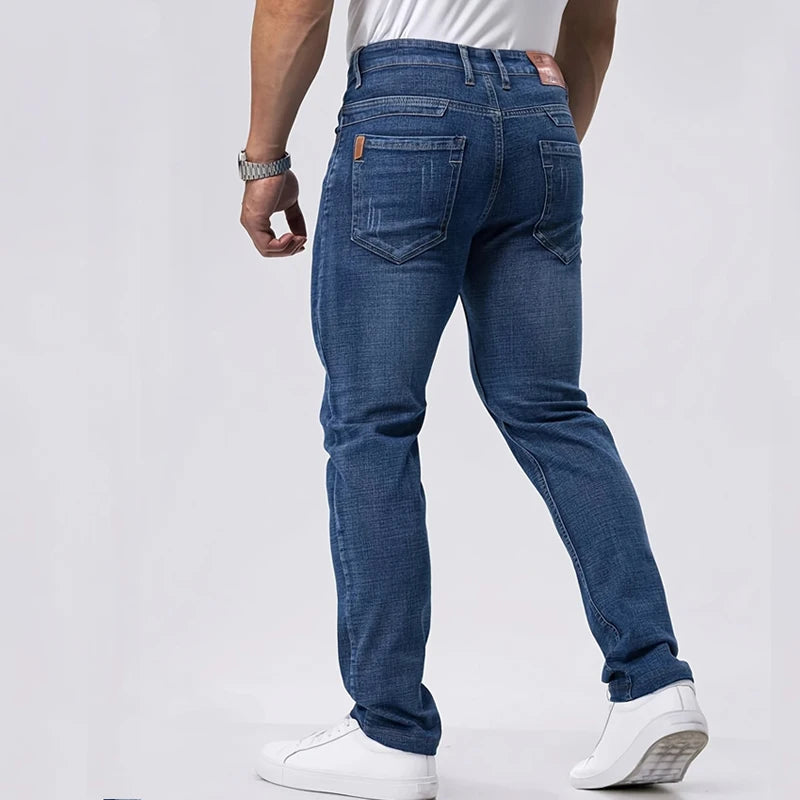 Spring Autumn Business Men Jeans Casual Straight Stretch Fashion Classic Black Sky Blue Grey Work Denim Trousers Brand Clothing