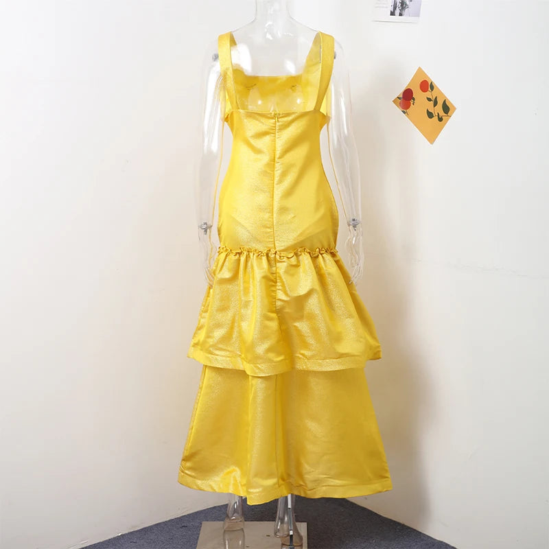 Elegant Ruffles Shiny Dress Women Square Neck A Line Solid Sleeveless Robe Female 2024 Summer Fashion Party Evening Dresses Lady