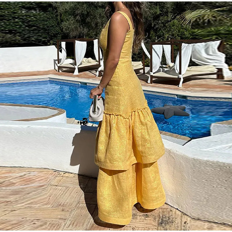 Elegant Ruffles Shiny Dress Women Square Neck A Line Solid Sleeveless Robe Female 2024 Summer Fashion Party Evening Dresses Lady