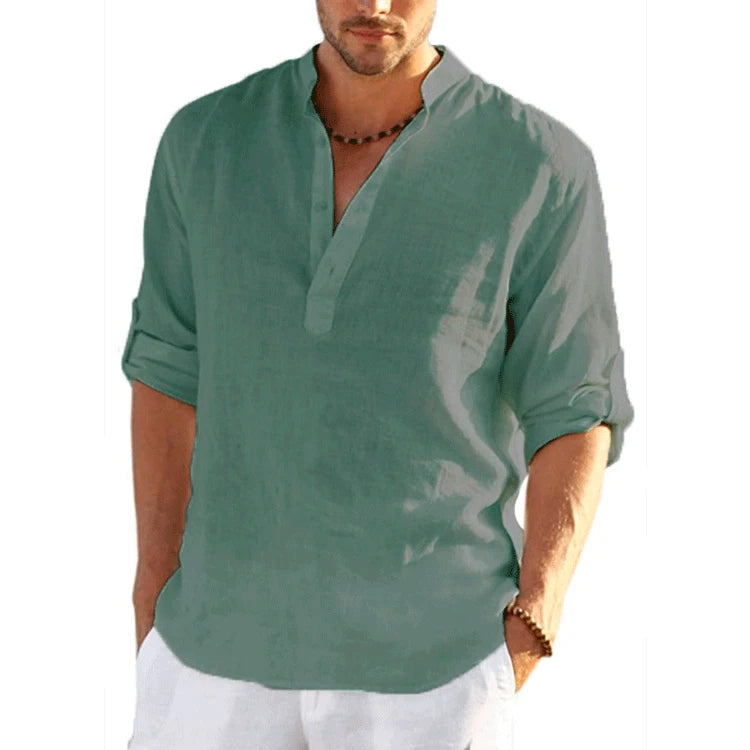 New Men's Linen Long Sleeve T-Shirt Solid Color Loose Spring T-Shirt Long Sleeve Cotton Linen Shirt Plus Size Shirts Men