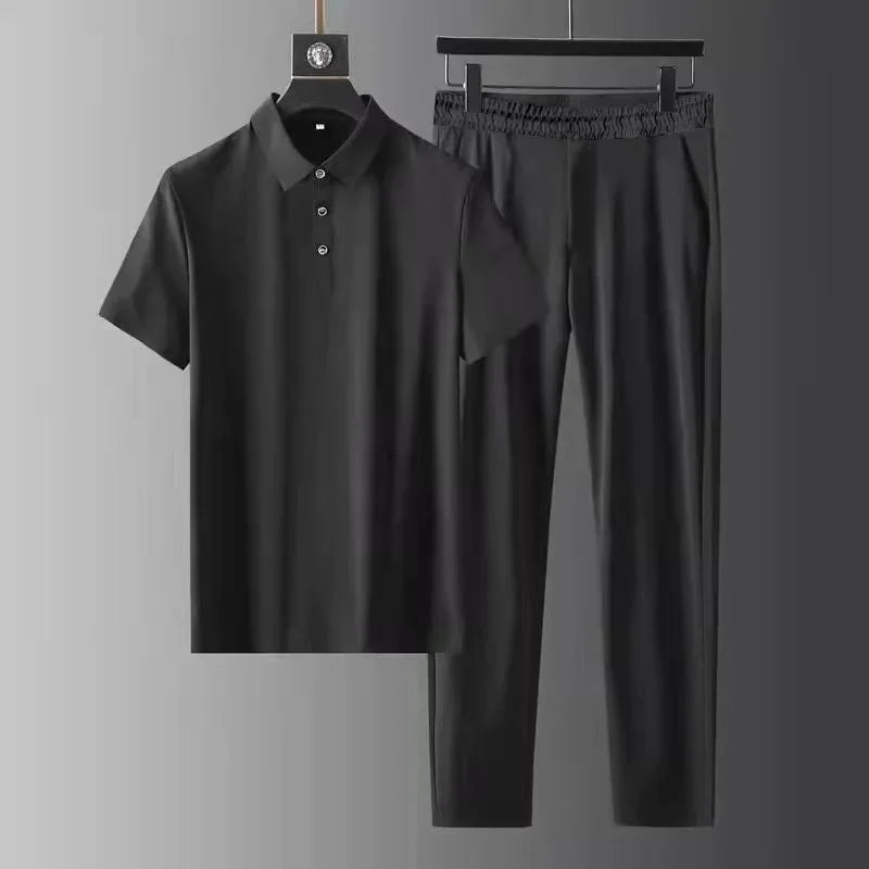 2025 Summer New Fashion Solid Color Comfortable Breathable Sports Suit Men's Business Leisure Loose Size Two-Piece Set M-4XL