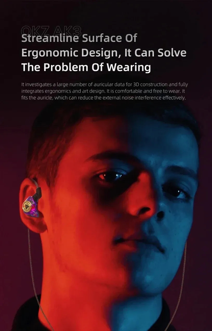 QKZ AK3 FiLe Wired Earphone with Microphone HiFi Music Monitor Bass Headphones Noise Cancelling Headset For Sport Gaming Earbuds