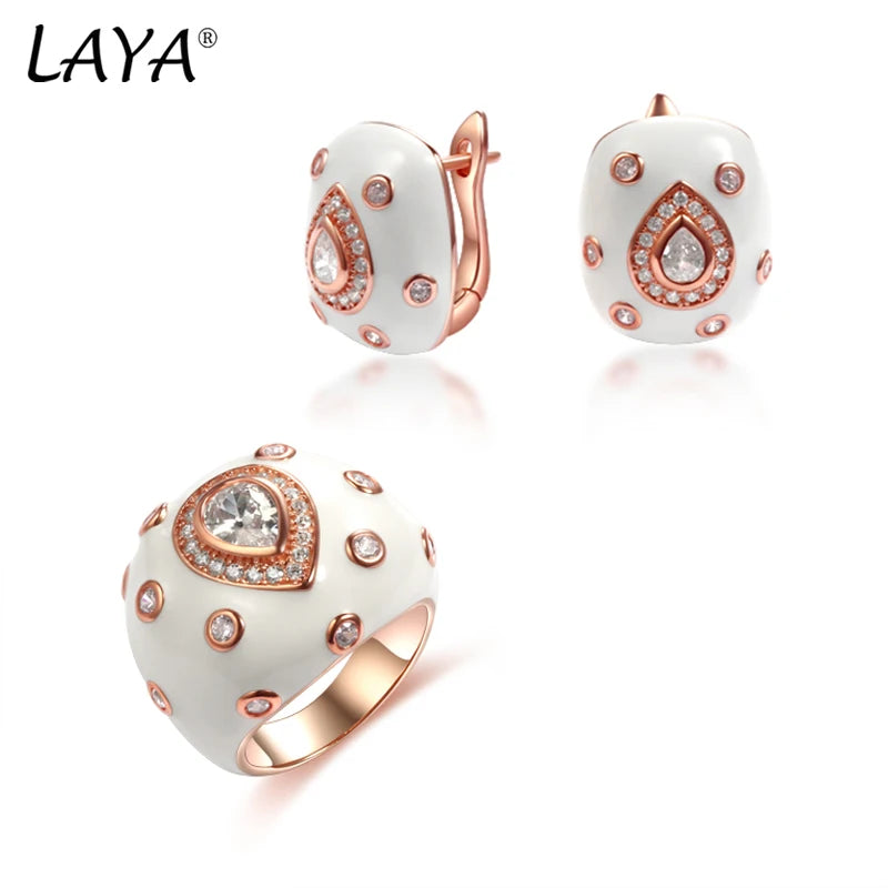 Laya 925 Sterling Silver Retro Style Shining Zircon Synthetic Crystal Blue Enamel Clip Earrings Ring Sets For Women Jewelry