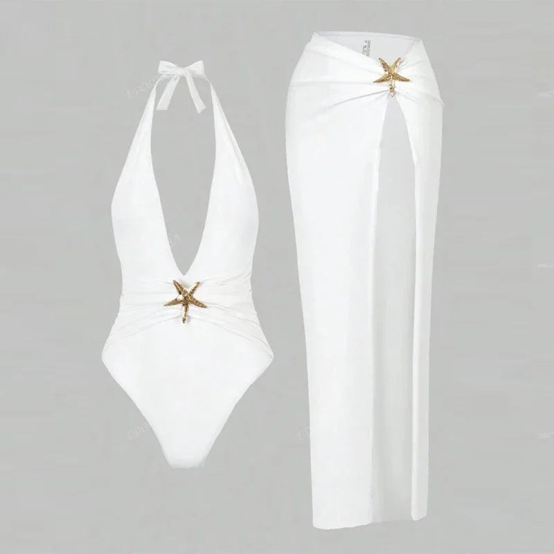 Sexy Halter Starfish Decorative Bikini Set Women 2025 Summer Solid Deep V-neck Swimsuit Side Split Skirt Lady Beach Holiday Suit