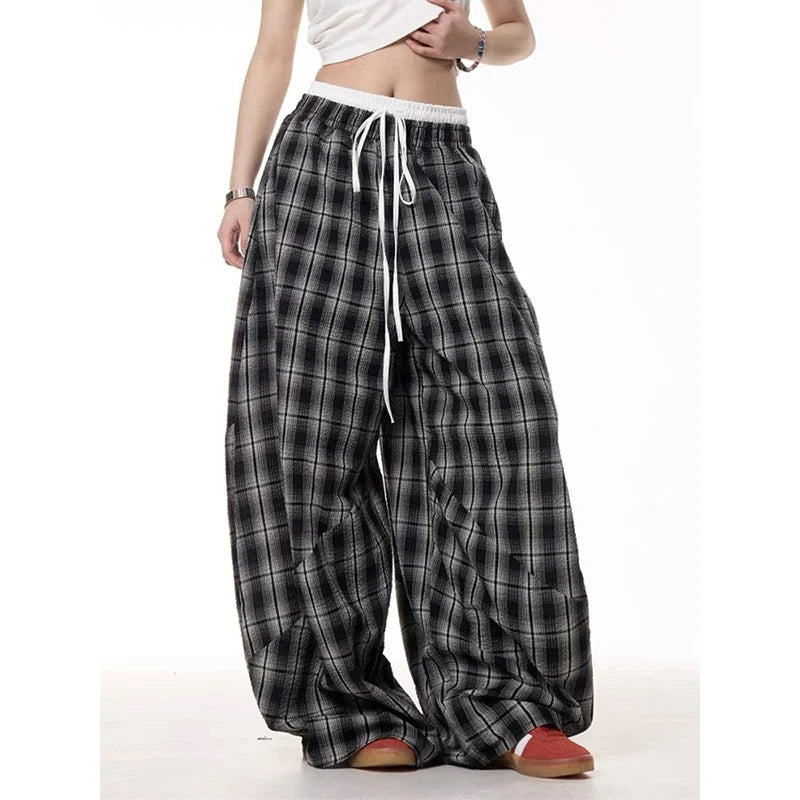 Black Plaid Patchwork Wide Leg Pants Men's Autumn American Vintage Y2K 2000s Style High Waisted Hip Hop Breathable Sweatpants