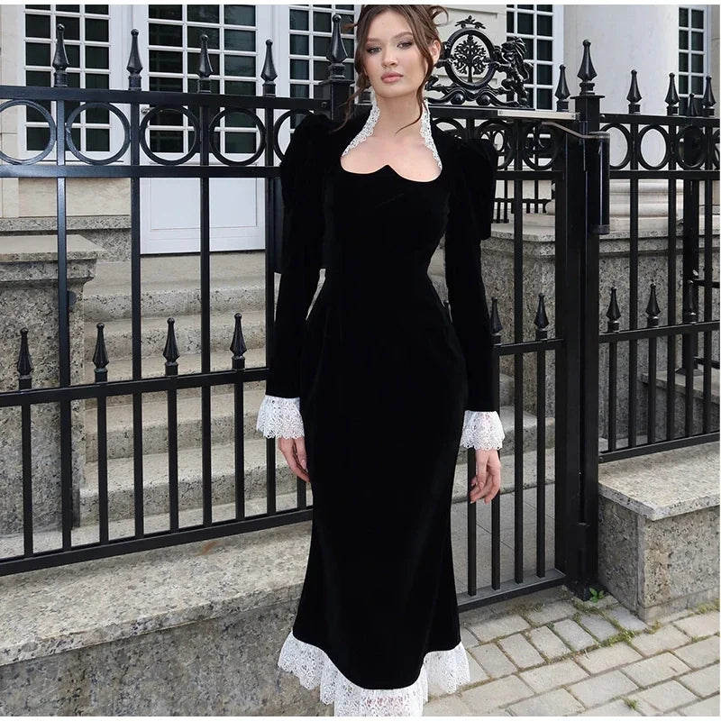 Square Collar Puff Sleeve Women Dress Patchwork Slim Pleated Lady Maxi Dresses 2026 Elegant Spring Vintage Female Vestidos