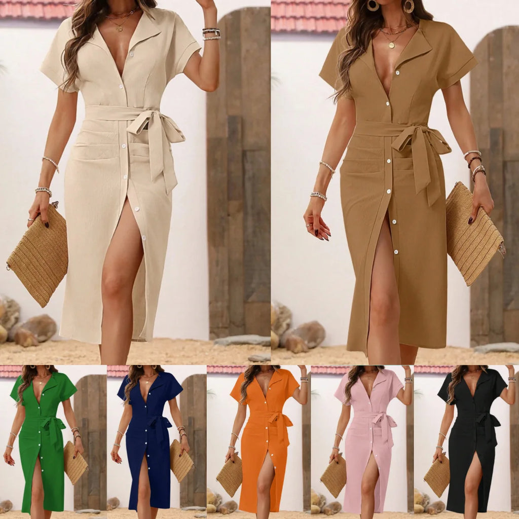 Women's Casual V Neck Short Sleeved Single-breasted Lace-up MIDI Dress Summer Solid Color Stylish Elegant Female Shirt Dresses