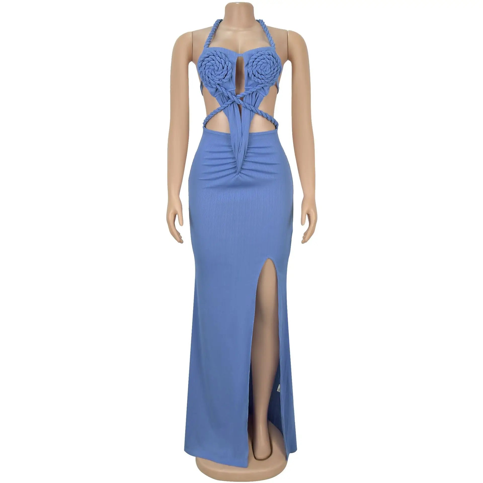 Joskaa Women Summer Knit Halter Long Dress Sexy Hollow Backless Slit Bodycon Maxi Dresses Holiday Party Club Beachwear S-XXL