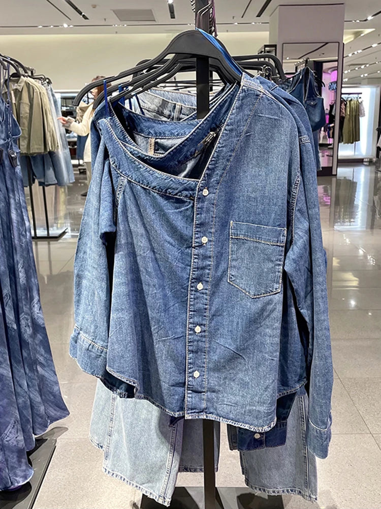 2025 Women's Denim Shirts Button Blouses Asymmetric's Shirts Tops