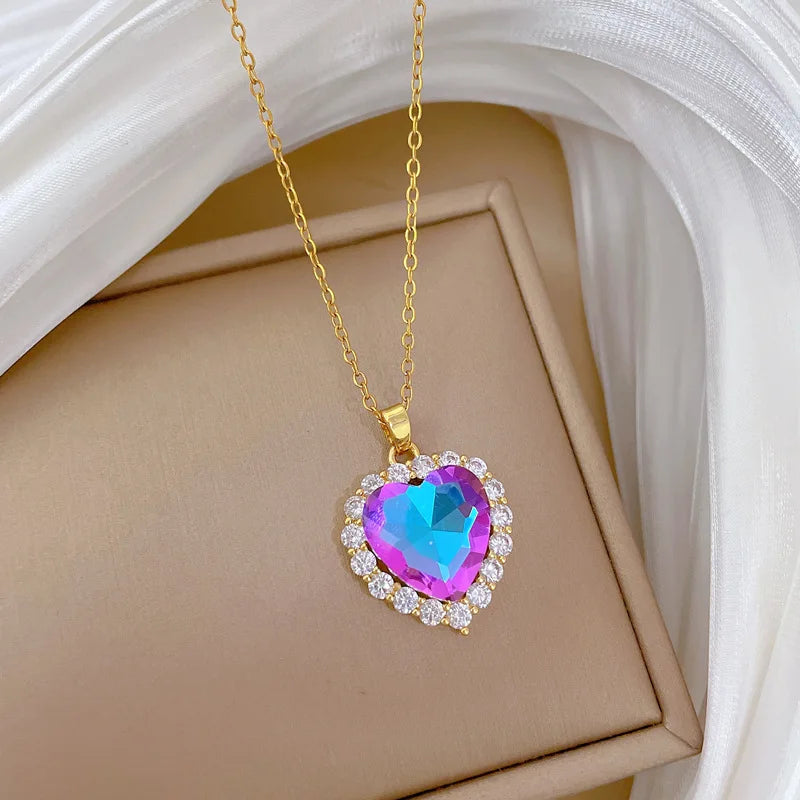 DIEYURO 316L Stainless Steel Colorful Crystal Simple Heart Pendant Necklace Women Girl Fashion Collarbone Chain Jewelry Gift