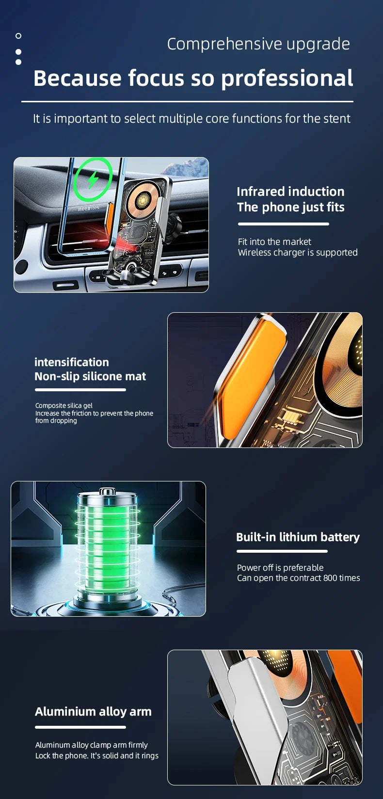Car-mounted smartphone holder - Automatically detects air outlet. Supports 15W/66W wireless fast charging. Rotatable