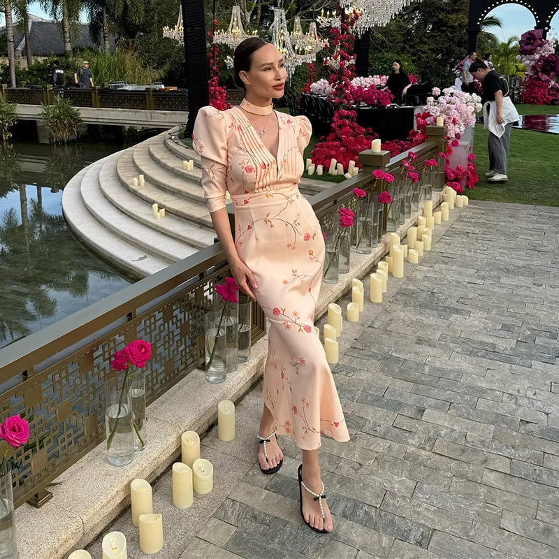 Sexy Print Deep V-neck Midi Dress Women Pleat Slim Puff Half Sleeve Party Holiday Dresses 2025 Summer Lady High Waist Robes