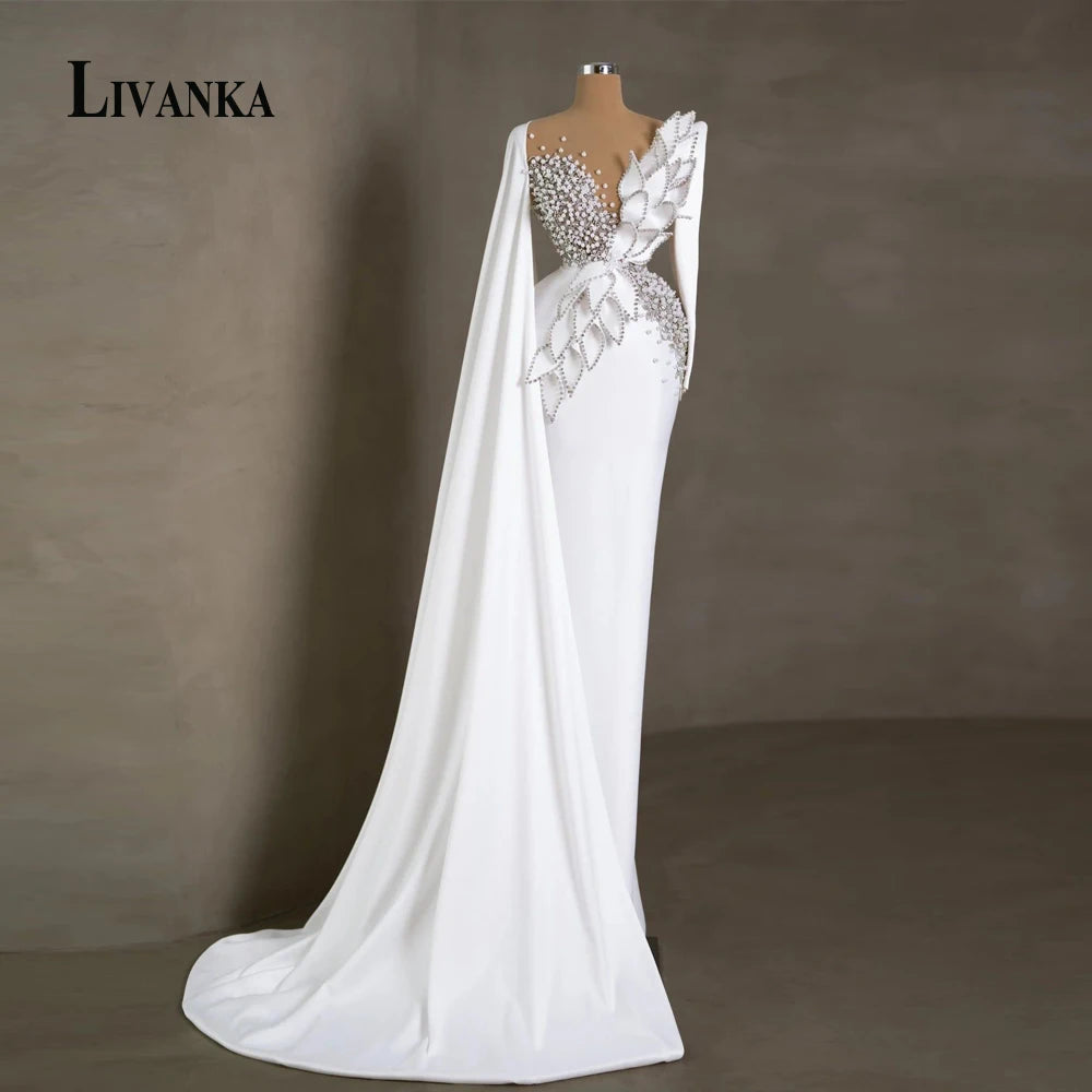 LIVANKA Charming Mermaid Petals Evening Dresses with Pearls Cloak Rhinestones Party Gown Vestido De Formatura Customized