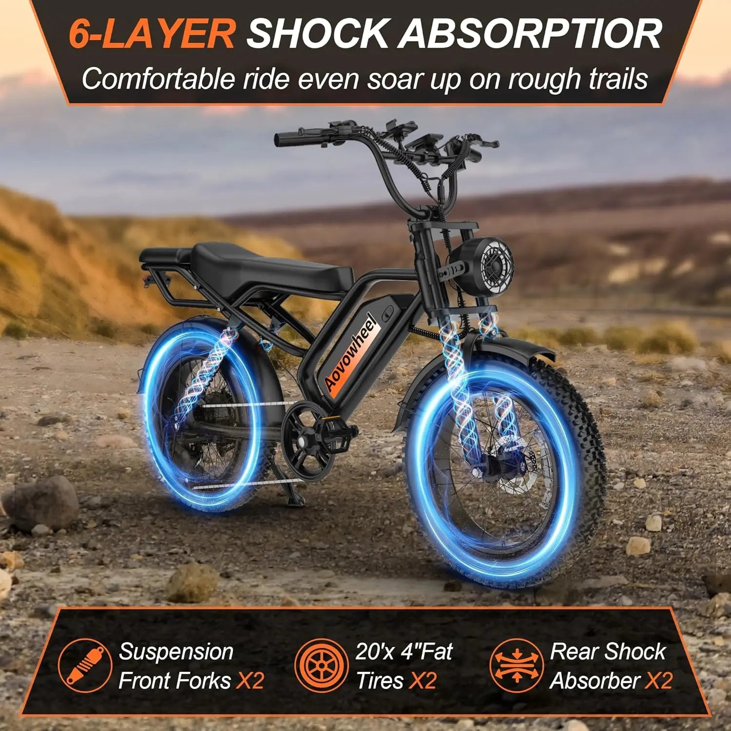 AOVOPRO AOVOWHEEL AP20(AW2PRO) Electric Bike 1500W 20" Fat Tire 31mph Top Speed 70 Miles Range for Road Sand Mountain Snow Electric Motorcycle