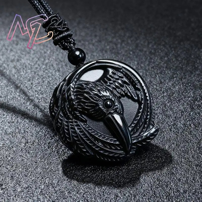 Real Obsidian Crow Pendant Necklace Fashion Gemstone Amulet Accessories Carved Men Natural Jewelry Gift Luxury Talismans