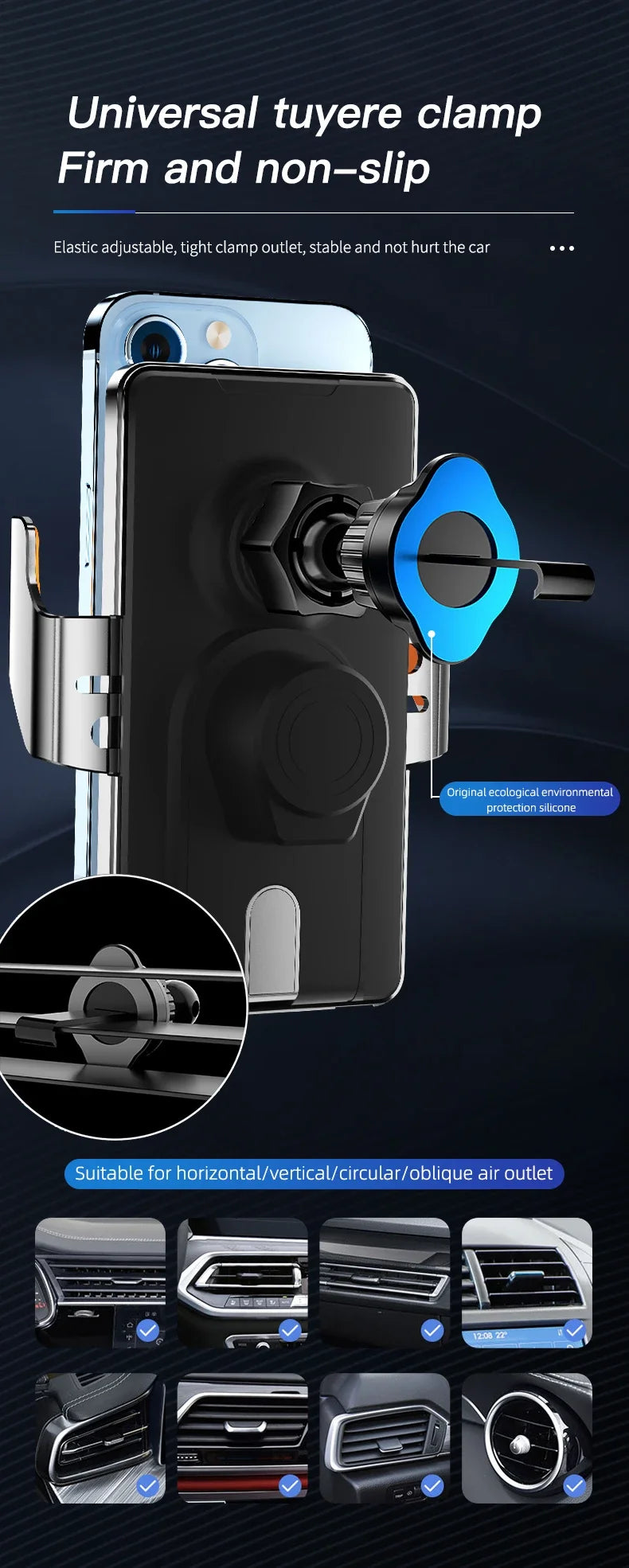 Car-mounted smartphone holder - Automatically detects air outlet. Supports 15W/66W wireless fast charging. Rotatable