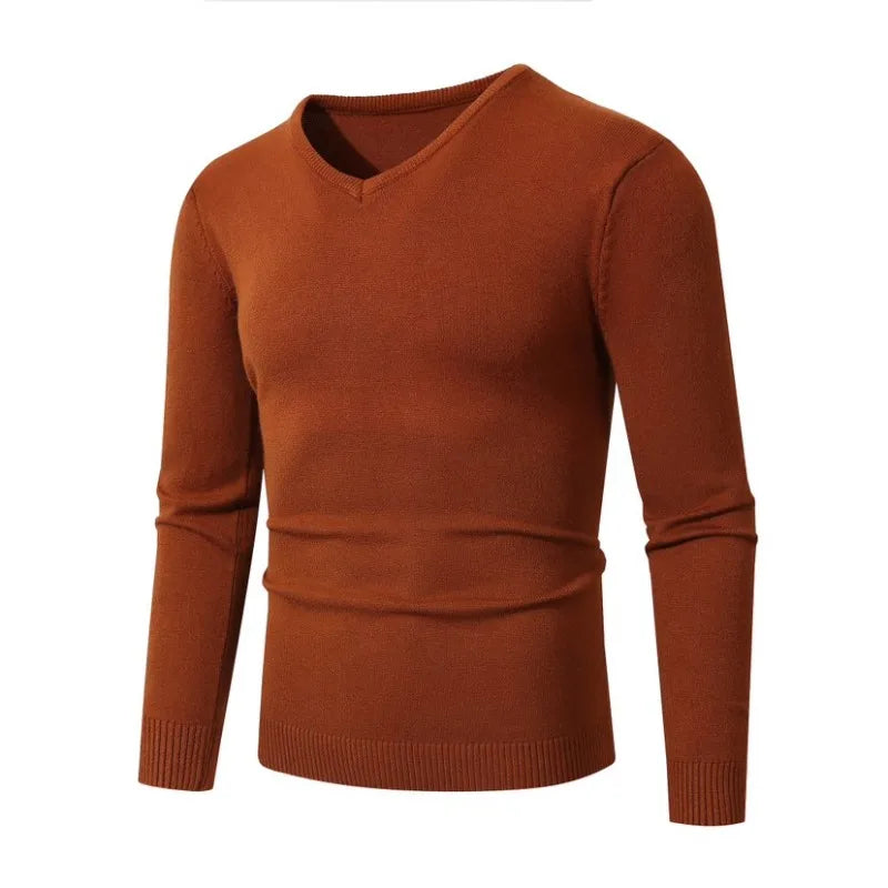 Men's Pullover V Neck Knitted Sweaters Solid Color Long Sleeve Jumper Lightweight Casual Business Pullover Slim Fit Sweater