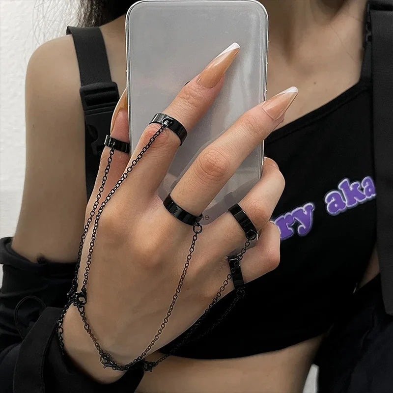 Punk Geometric Black Color Chain Wrist Bracelet Ring For Women Men Open Ring Silver Link Chain Girls Cool Design Fashion Jewelry