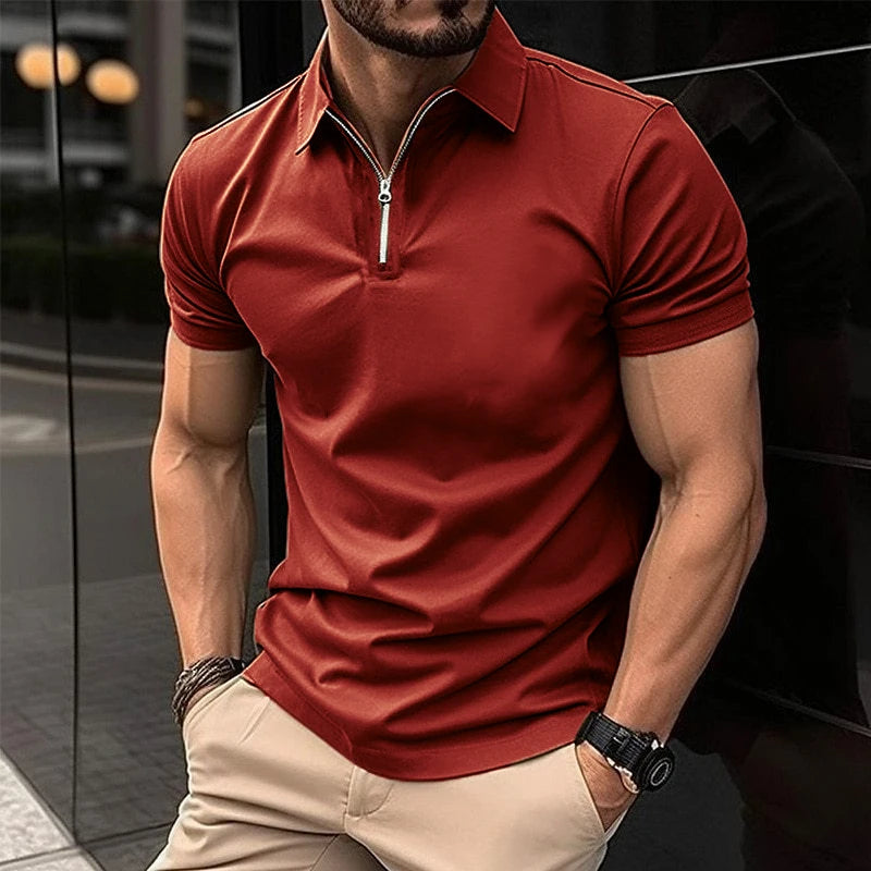Men's Solid Color Polo Shirt Short Sleeve Zipper Collar Tshirts &for Men Summer Turn-Down Streetwear New Male Jogger Tops