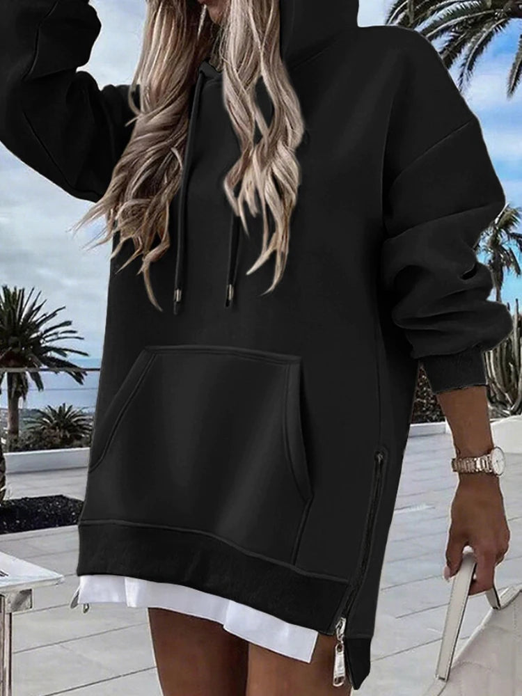 Damen Langarm Patchwork Pullover Hoodie Herbst Winter Mode Kordelzug Lockerer Reißverschluss Einfache Hoodies 2025 Top Streetwear