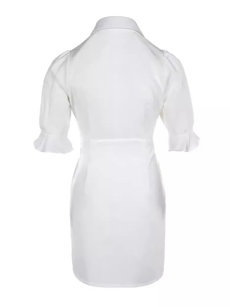 Summer Fashion White Turn-down Collar Shirt Mini Dress Elegant Women Casual Lantern Sleeve Button Pocket High Waist Slim Dresses