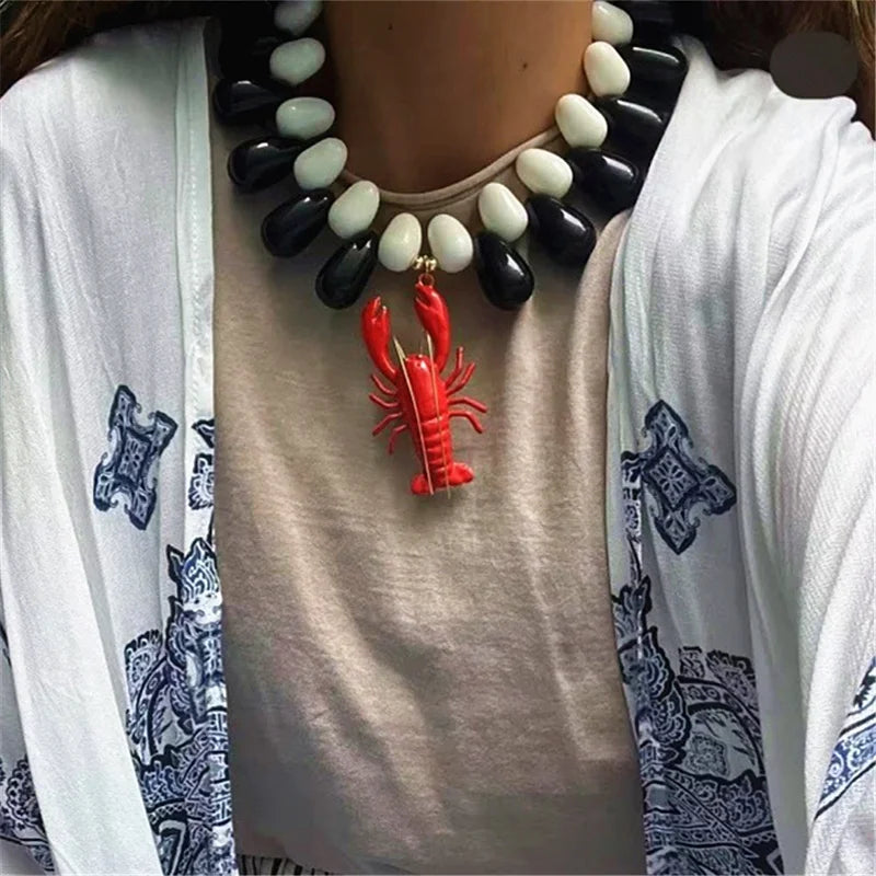 HANGZHI Exaggerated Resin Water Drop Beaded Red Crab Pendant Necklace New Design Chunky Charms Jewelry for Women