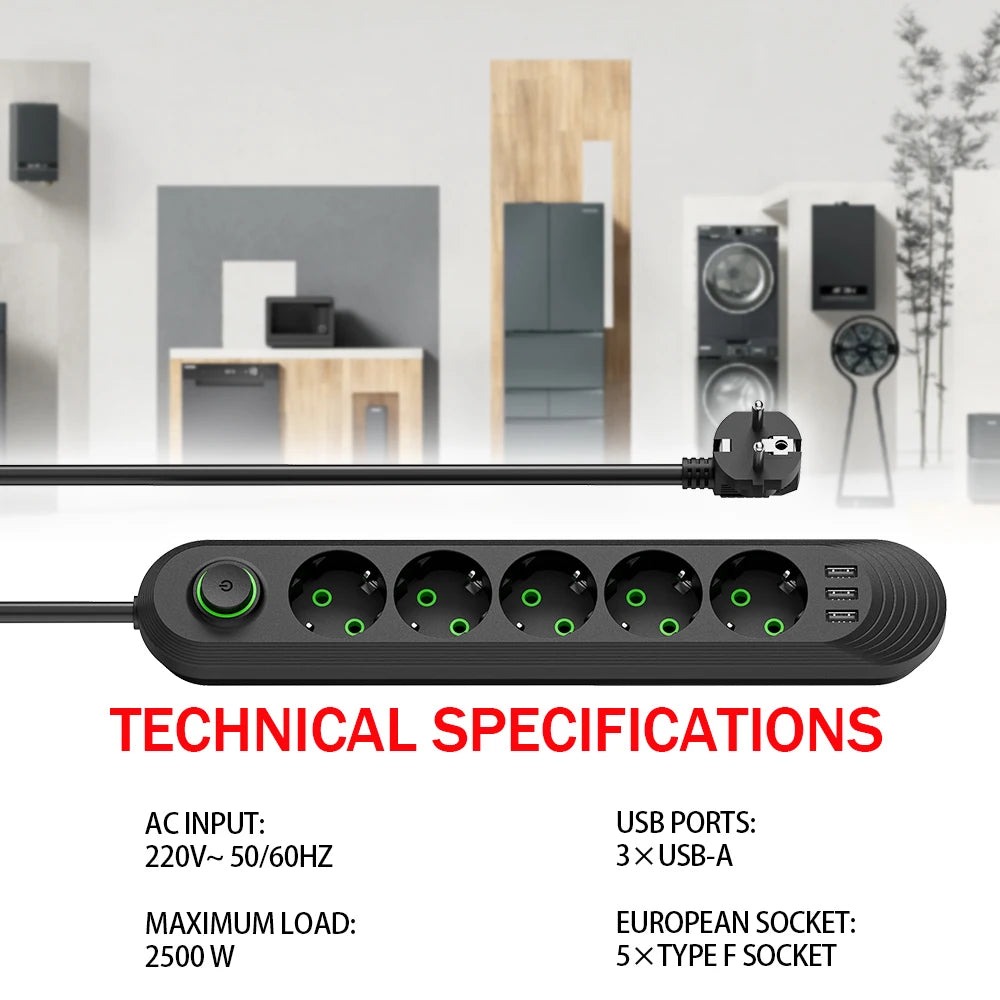 EU Plug AC Outlet Multiprise Power Strip 2m Extension Cord Electrical Socket Network Filter With USB Ports 2.1A Fast Charging