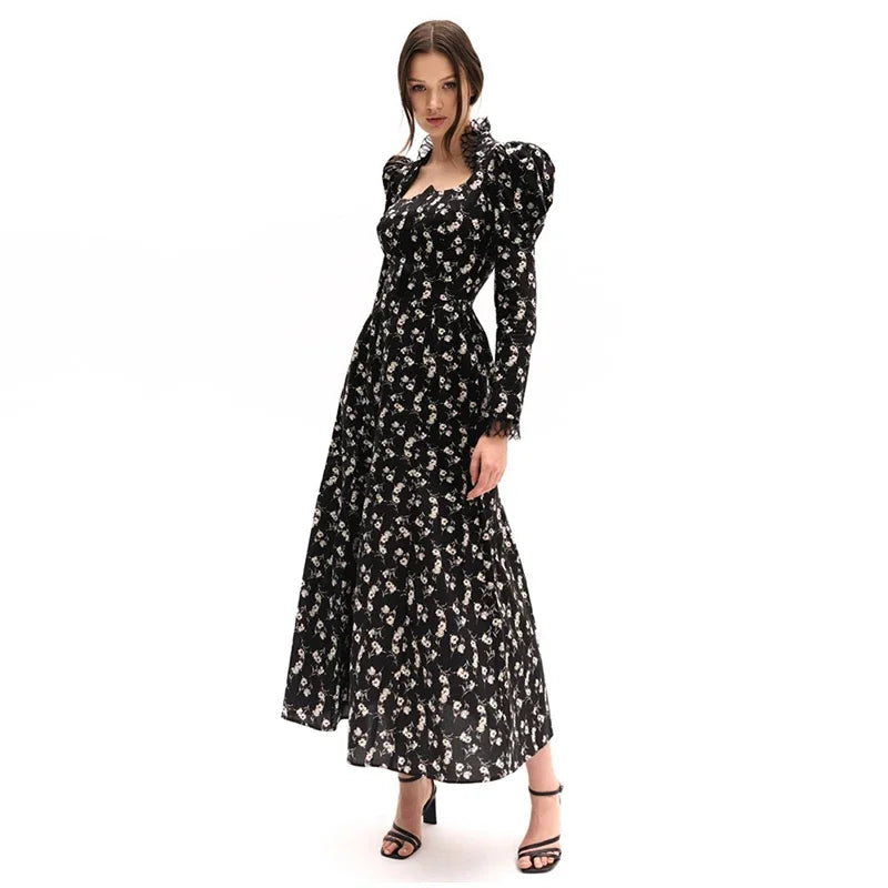 Square Collar Puff Sleeve Women Dress Patchwork Slim Pleated Lady Maxi Dresses 2026 Elegant Spring Vintage Female Vestidos