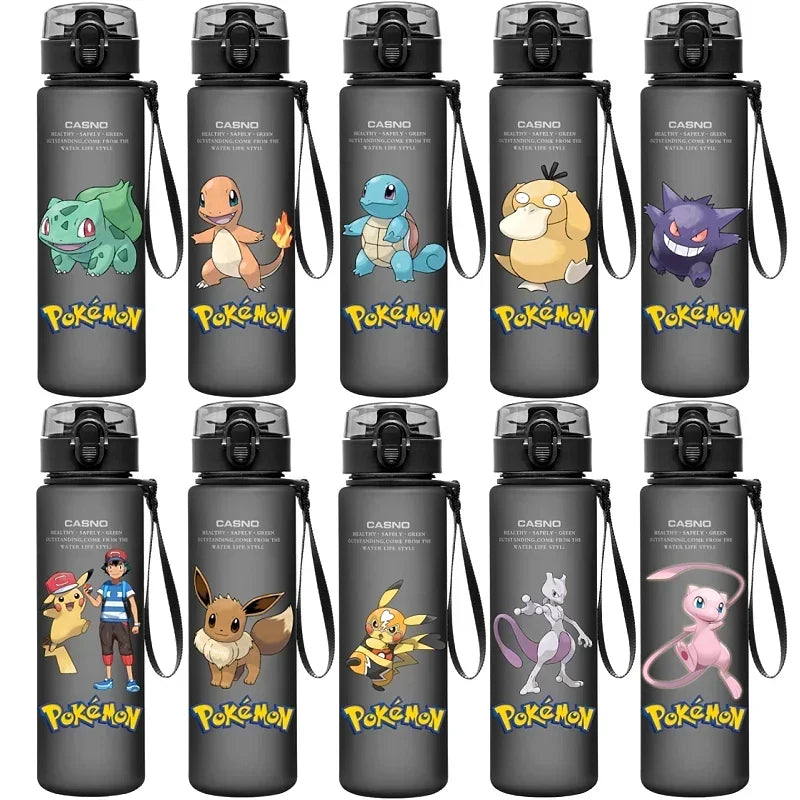 560ML Pokemon Water Cup Pikachu Mewtwo Gengar Portable Plastic Cartoon Outdoor Sports Large Capacity Travel Hiking Water Bottle