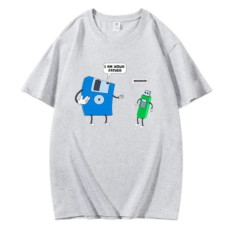 Floppy Disk Graphic Men's Tee Father & Son Floppy Disk Engineer Graphic Short Sleeve Casual Cotton Crew Neck T-Shirt for Men