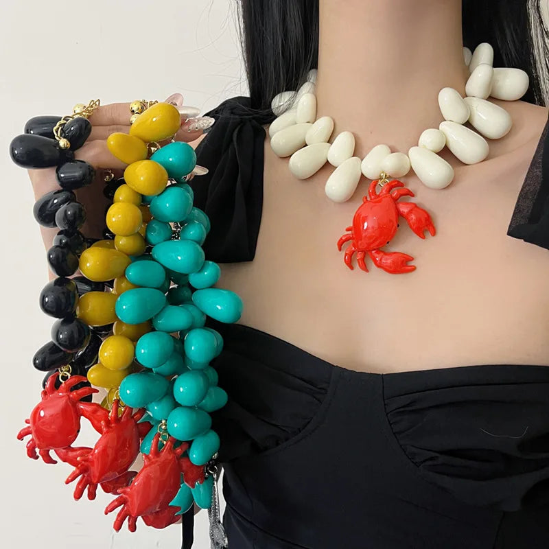 HANGZHI Exaggerated Resin Water Drop Beaded Red Crab Pendant Necklace New Design Chunky Charms Jewelry for Women