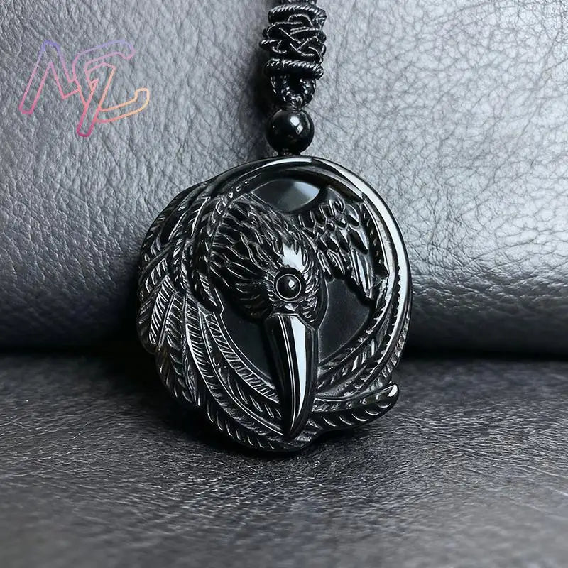 Real Obsidian Crow Pendant Necklace Fashion Gemstone Amulet Accessories Carved Men Natural Jewelry Gift Luxury Talismans
