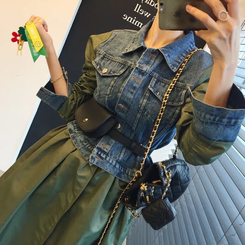 New 2023 high Fashion Streetwear Windbreaker For Women Turtleneck Long Sleeve green denim dress