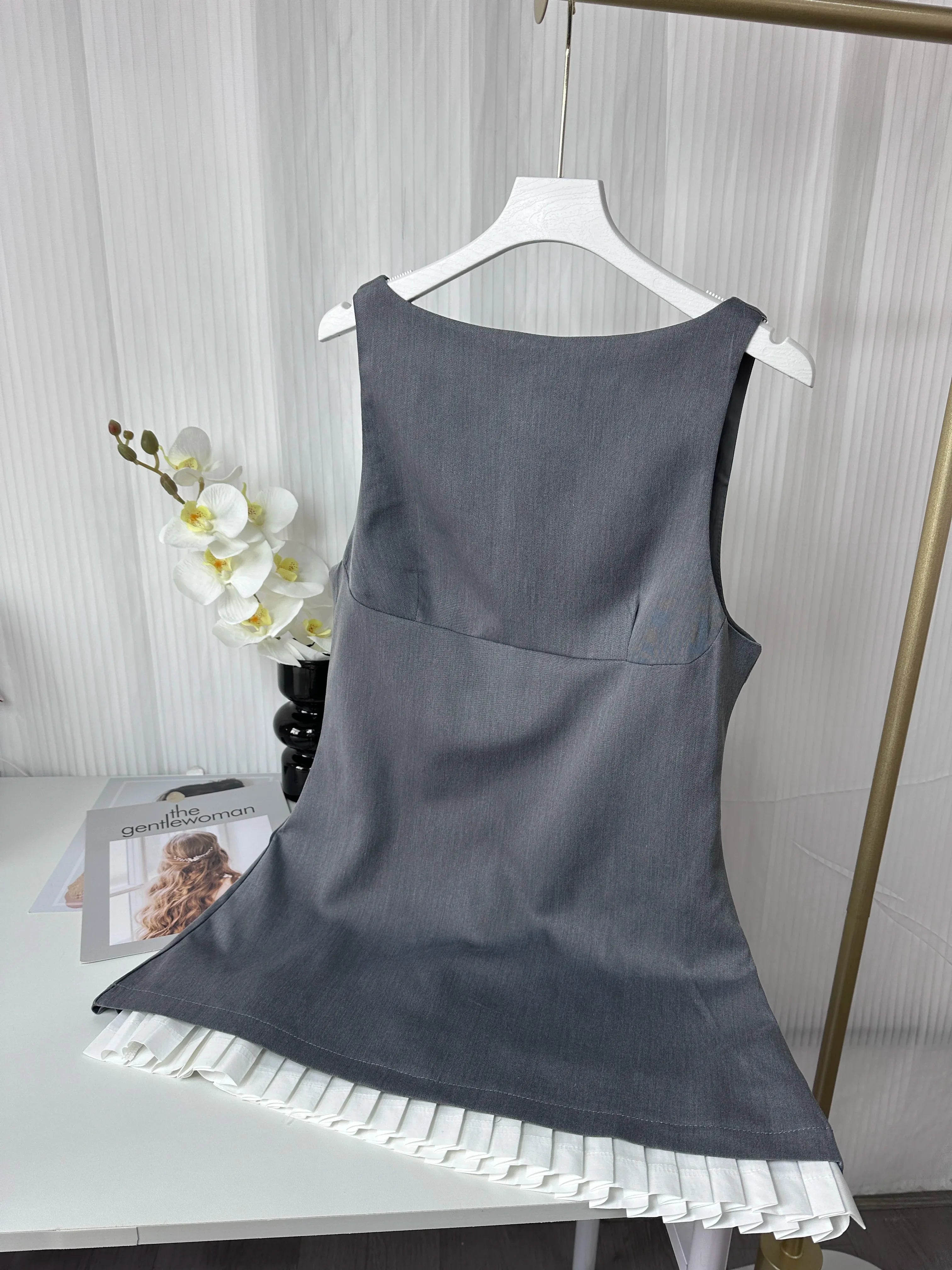 KONDALA Sleeveless O-Neck Mini Gray Dress for Women Sexy Patchwork Zipper Club Casual Fashion Spring Summer 2025 Vintage Dresses