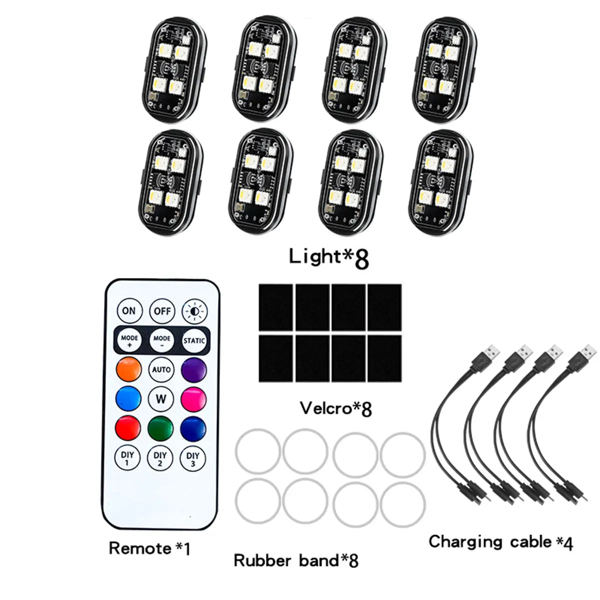 2/4Pcs Wireless Car Ambient Light Color Changing Car Interior Decorative Light with Remote Control Charging Car LED Strobe Light