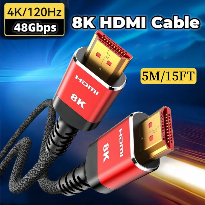 Long 8K HDMI 2.1 Cables 5M/15FT 48Gbps high speed braided Cord-4K@120Hz 8K@60Hz Compatible With Roku TV/PS5/PS4/RTX 3080 3090