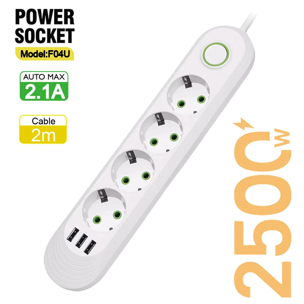 EU Plug AC Outlet Multiprise Power Strip 2m Extension Cord Electrical Socket Network Filter With USB Ports 2.1A Fast Charging