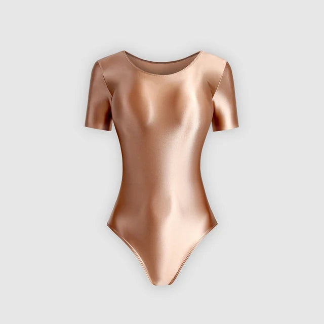 XClocKNYoung satin glossy tights T-shaped high fork short sleeve swimsuit Yoga sportswear mjinm solid color gymnastic suit