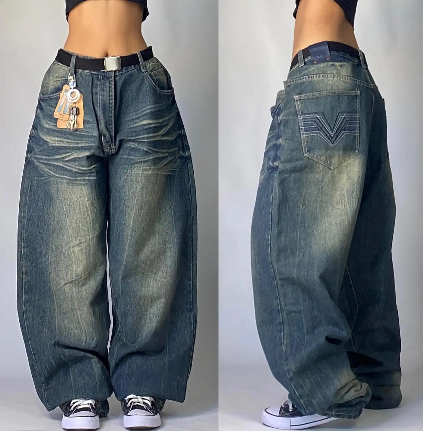 Gothic Fashion New Black Solid Color Washed Old Casual Jeans Men Y2K Streetwear Vintage Popular High Waist Baggy Wide-leg Pants